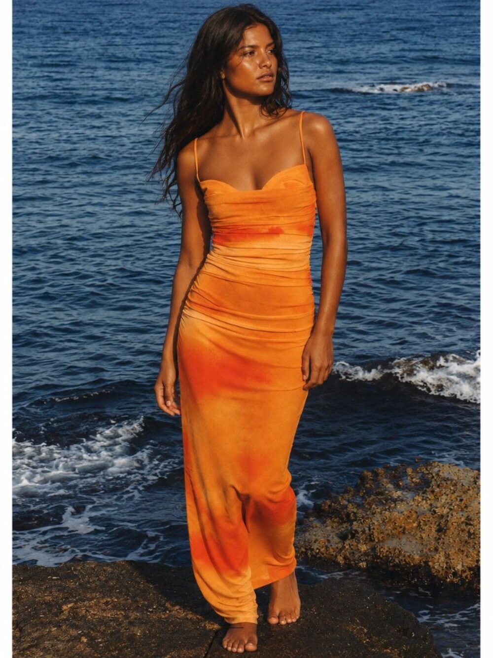 Zara Draped Print Tulle Maxi Dress Orange Size Small Blogger Favorite
